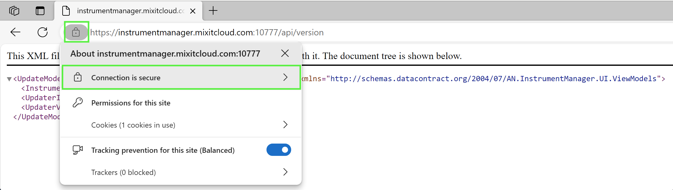 Browser Edge con l'URL aperto